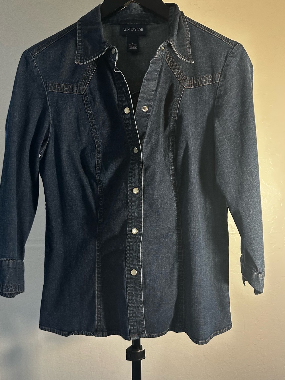 Ann Taylor Dark Indigo Denim Snap-Front Shirt